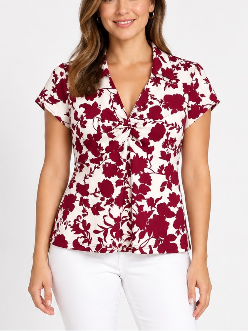 Chadwicks Collection Womens M Burgundy Floral Twist Front Blouse Classic Top M